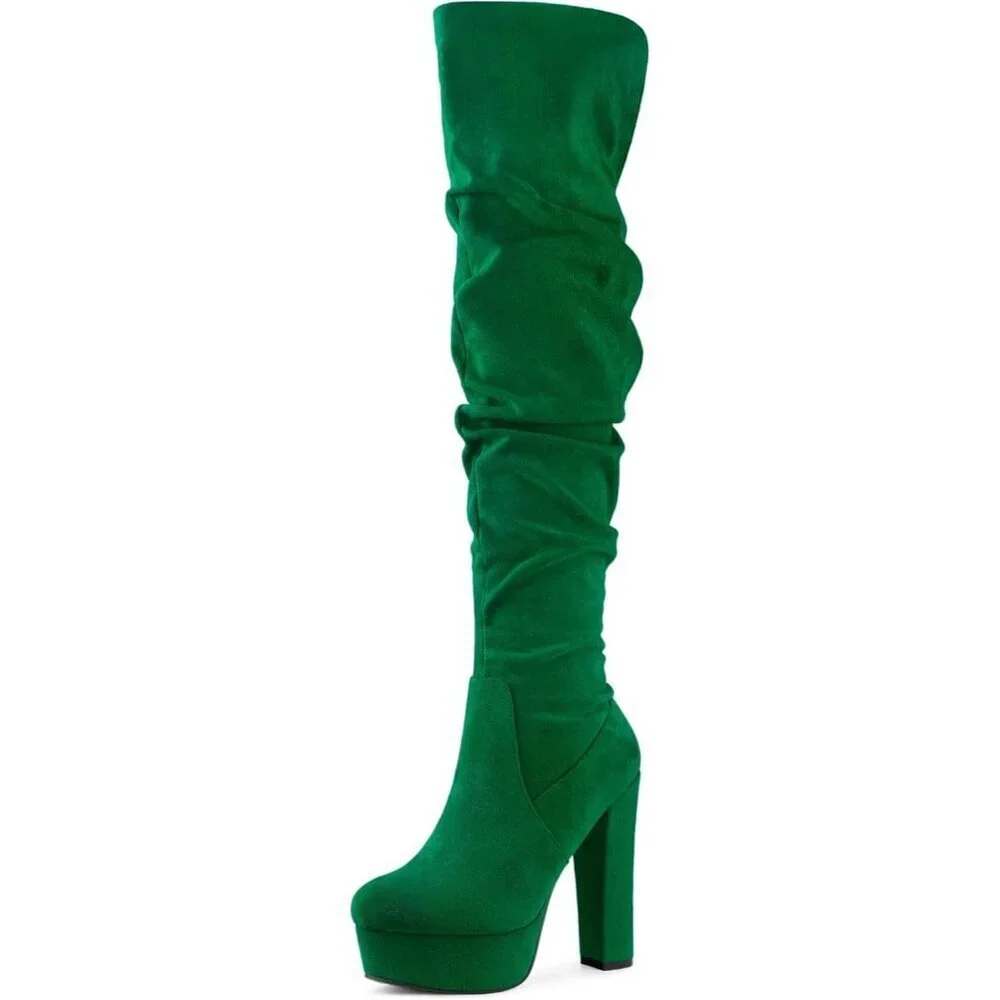 Women Green Platform Round Toe Zipper Slouch Heel Over the Knee Thigh High Boot